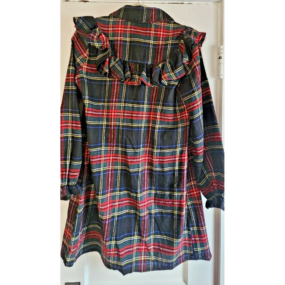 NWT FRANCESCA'S blue rain woman's‎ M shirt dress plaid Christmas ruffles - Picture 2 of 8